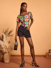 Abeille Creations Women Multi-Color Abstract Printed Collared Short Sleeve Bodysuit Spring Vacation
